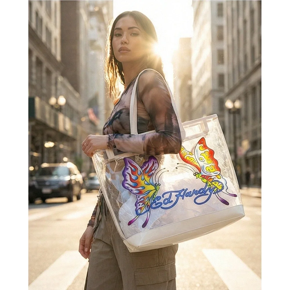 Ed Hardy Clear PVC Butterfly Beach Tote Bag & Zip Pouch Purple White 14x13x6 NWT